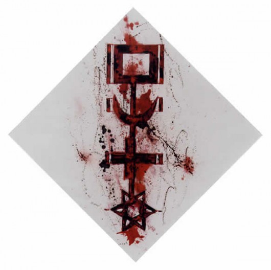 En tournant la clé (sang de l’artiste) - Huile et sang de l’Artiste sur toile - 100 x 100 cm